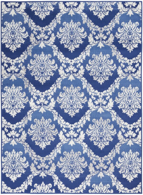 4' X 6' Blue And Ivory Damask Distressed Area Rug