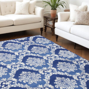 6' X 9' Blue And Ivory Damask Distressed Area Rug