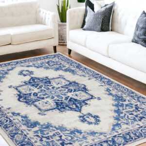 5' X 7' Ivory And Blue Medallion Area Rug
