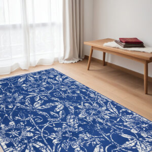 5' X 7' Ivory And Blue Floral Vines Distressed Area Rug