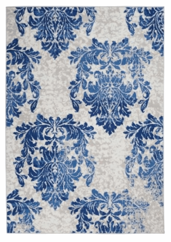 6' X 9' Ivory And Blue Damask Distressed Area Rug