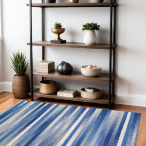 4' X 6' Blue And White Striped Distressed Area Rug