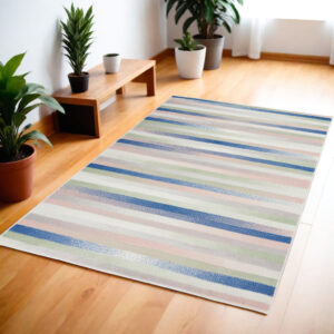 4' X 6' Ivory Blue And Green Striped Distressed Area Rug