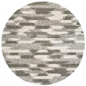 8’ Round Gray And Ivory Geometric Pattern Area Rug