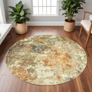 8' Gold and Ivory Round Power Loom Area Rug
