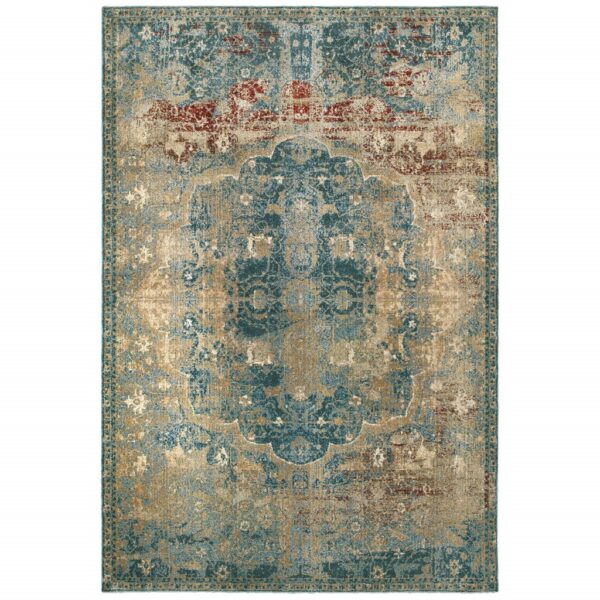 7' X 10' Sand And Blue Medallion Distressed Area Rug
