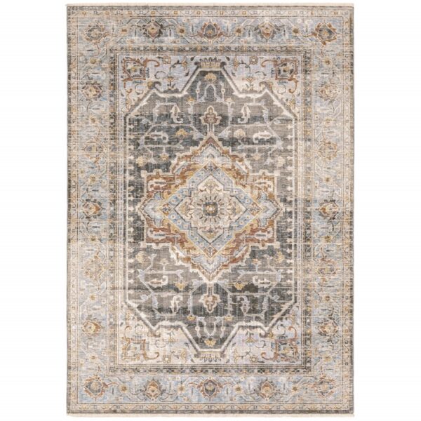 10' X 13' Gray And Blue Medallion Distressed Area Rug