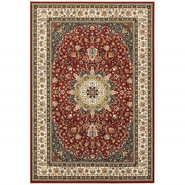 5' X 8' Red And Ivory Floral Medallion Area Rug