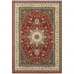 10' X 13' Red And Ivory Floral Medallion Area Rug