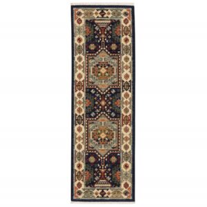 12' Blue And Ivory Wool Handmade Runner Rug
