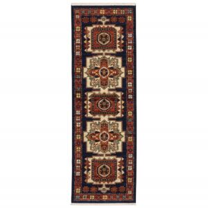 6' Blue And Beige Wool Handmade Runner Rug