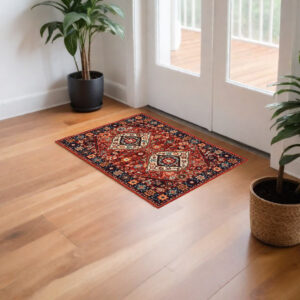 2' X 3' Red Blue Machine Woven Oriental Indoor Area Rug