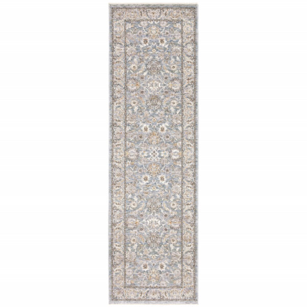 8' Blue Ivory Machine Woven Floral Oriental Indoor Runner