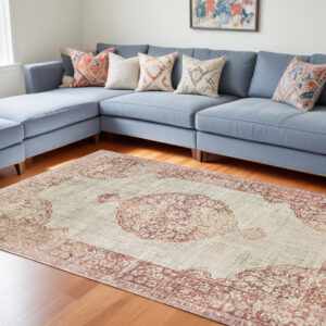 10' X 13' Ivory And Pink Medallion Area Rug
