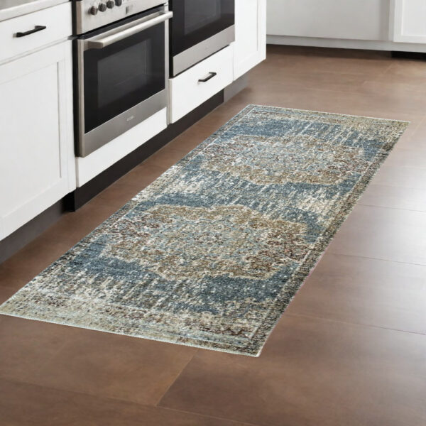 8' Blue And Brown Medallion Runner Rug