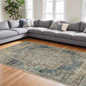 10' X 13' Blue And Ivory Medallion Area Rug