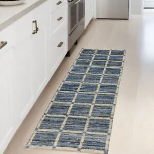 3' X 8' Blue And Gray Grid Runner Rug