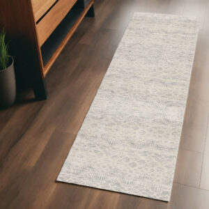 2' X 6' Ivory Distressed Ikat Pattern Area Rug