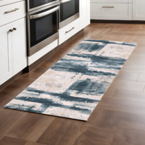 8' Blue And Ivory Abstract Dhurrie Runner Rug
