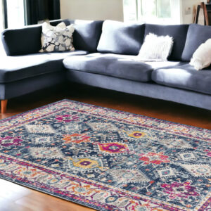6' X 9' Blue and Ivory Oriental Area Rug