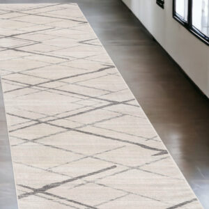 13' Gray And Ivory Geometric Runner Rug
