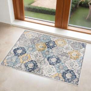 3' X 5' Blue and Yellow Floral Distressed Area Rug