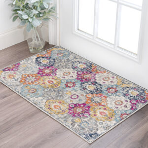 2' X 5' Blue and Ivory Floral Area Rug
