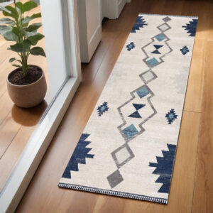 2' X 5' Blue and Ivory Southwestern Area Rug