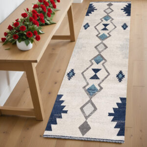 6' Blue And Ivory Southwestern Runner Rug