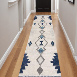 8' Blue And Ivory Southwestern Runner Rug