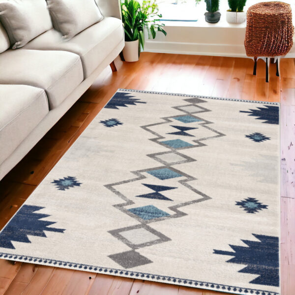 5' X 7' Blue and Ivory Southwestern Area Rug