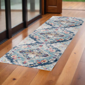 2' X 5' Blue and Ivory Medallion Area Rug