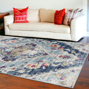 9' X 13' Blue Distressed Medallion Area Rug