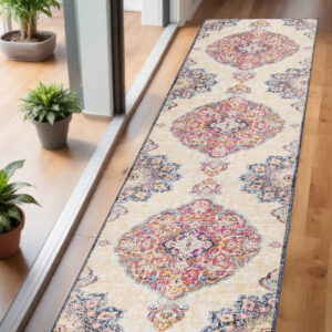 6' Blue And Beige Medallion Runner Rug