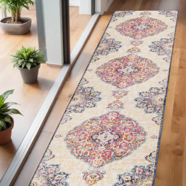 6' Blue And Beige Medallion Runner Rug