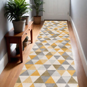 10' Yellow And Ivory Geometric Runner Rug