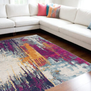 9' X 13' Gray and Magenta Abstract Area Rug