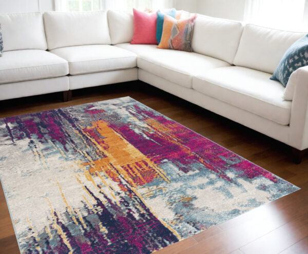 9' X 13' Gray and Magenta Abstract Area Rug