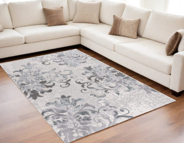 5' X 8' Gray and Ivory Damask Power Loom Area Rug
