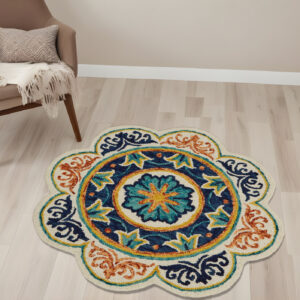 4' Round Ivory And Navy Decorative Area Rug