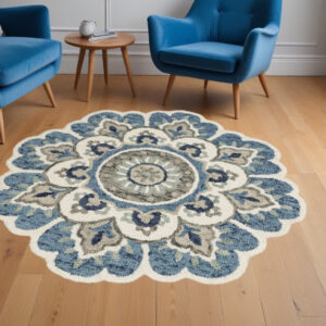 6' Ivory Teal Blue and Green Wool Hand Tufted Round Rug