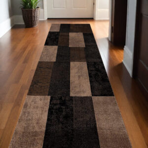 2' X 6' Brown Geometric Blocks Area Rug