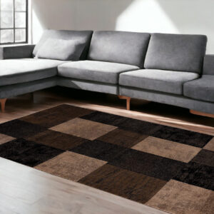 5' X 7' Black And Brown Geometric Distressed Area Rug