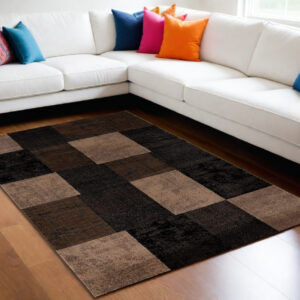 6' X 9' Black And Brown Geometric Distressed Area Rug