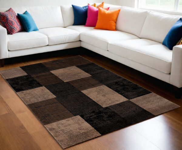 8' X 11' Black And Brown Geometric Distressed Area Rug