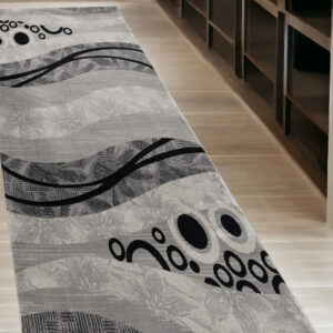 13' Gray And Black Abstract Shag Runner Rug