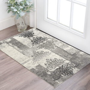 2' X 4' Gray Damask Dhurrie Area Rug