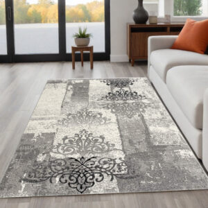 5' X 7' Gray Damask Dhurrie Area Rug