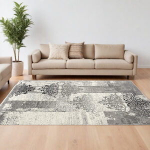 8' X 10' Gray Damask Dhurrie Area Rug