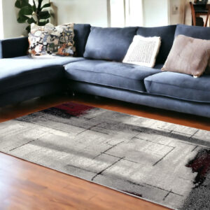 7' X 9' Gray And Burgundy Abstract Area Rug